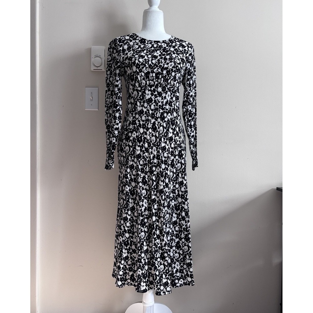 Boden Crew Neck Midi Tea Dress Small 6 Bias Cut Floral Flowy Black White Ivory